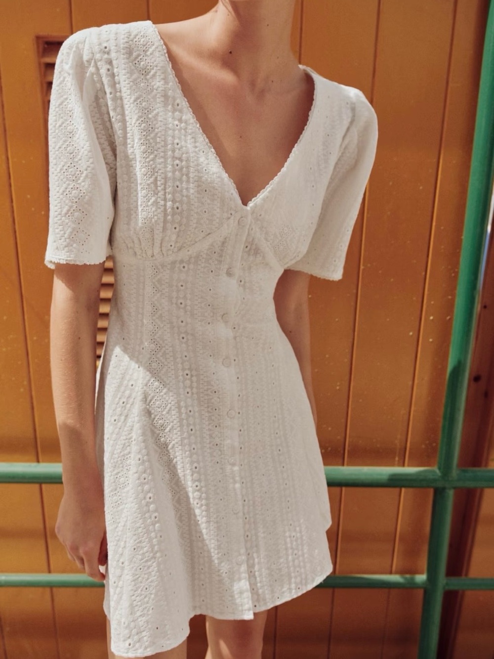 100% Cotton White Eyelet V-Neck Short Sleeve Dress
